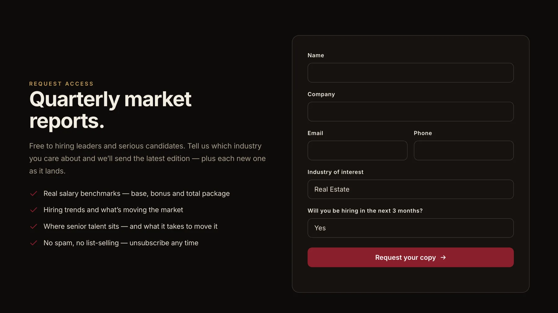 Red-Rose quarterly market reports request form capturing name, company, email, industry of interest and hiring intent