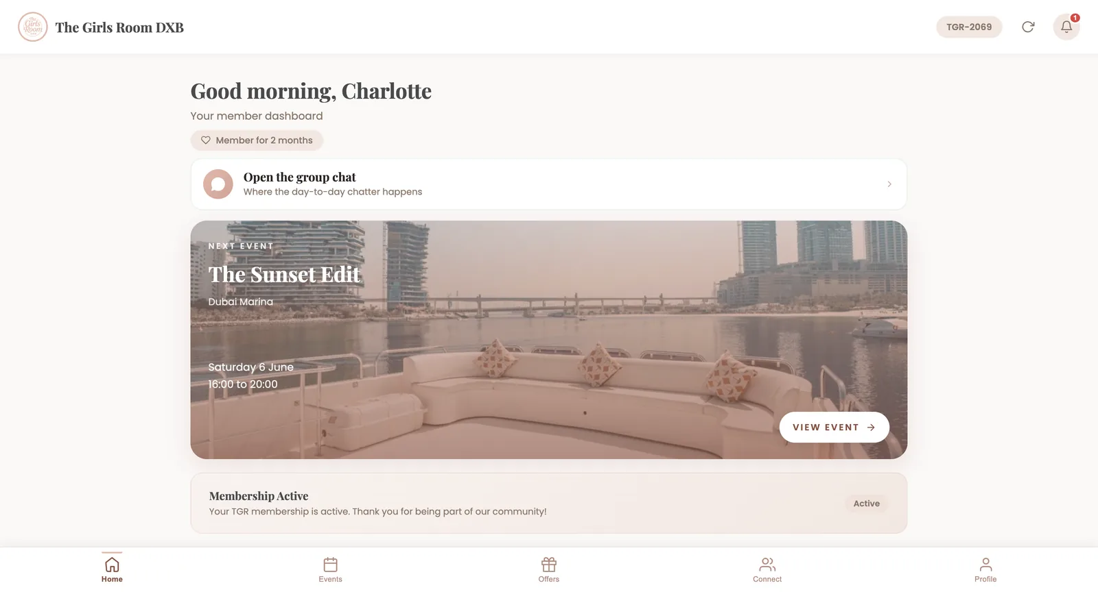 The Girls Room member app dashboard where members manage their membership, perks and account