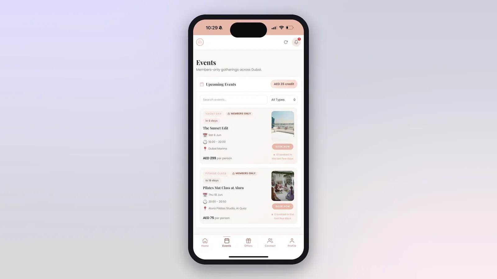 The Girls Room member app events screen showing upcoming events available to book